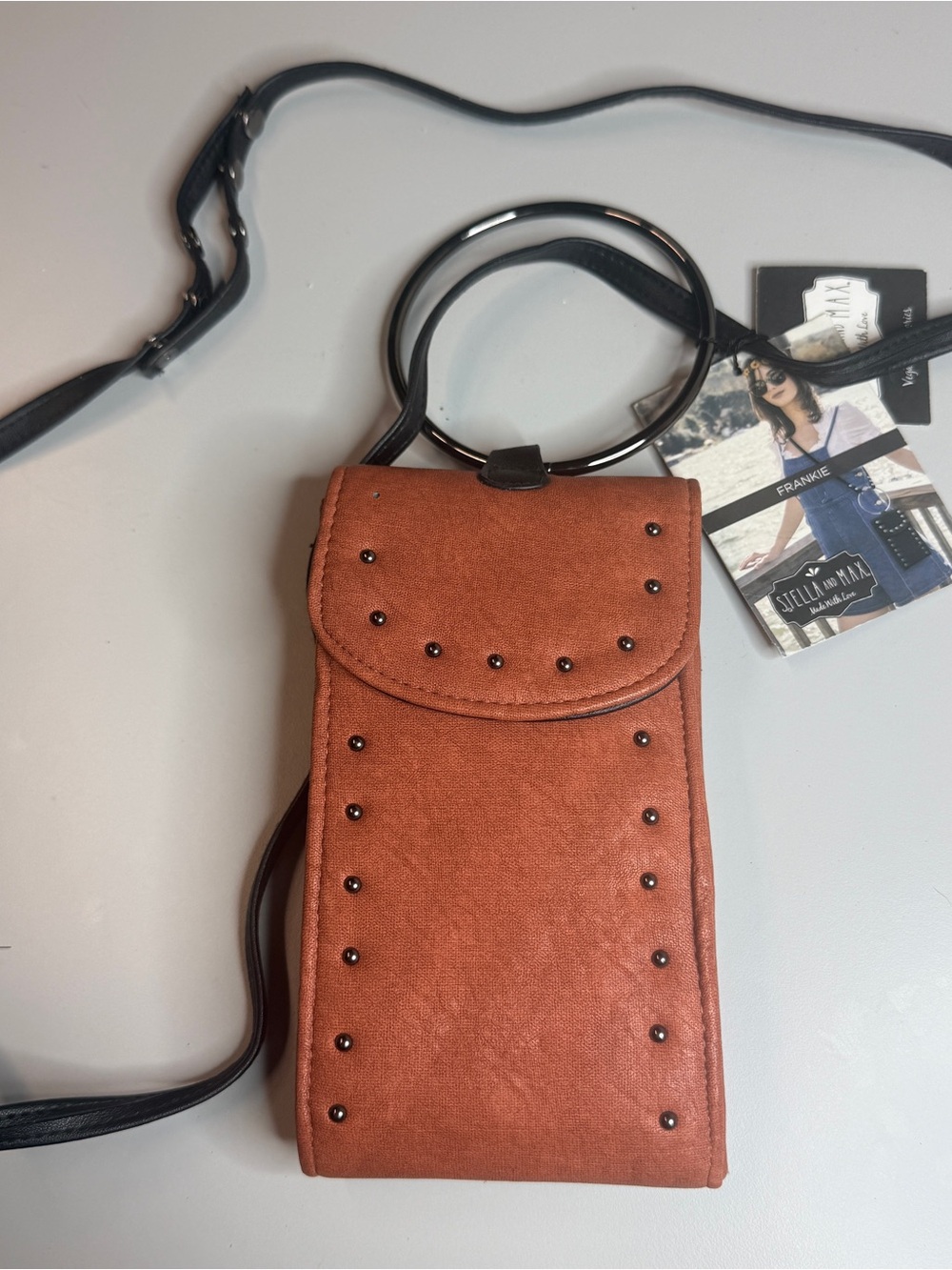 Rust Suede Crossbody Phone Bag with Black Ring Handle